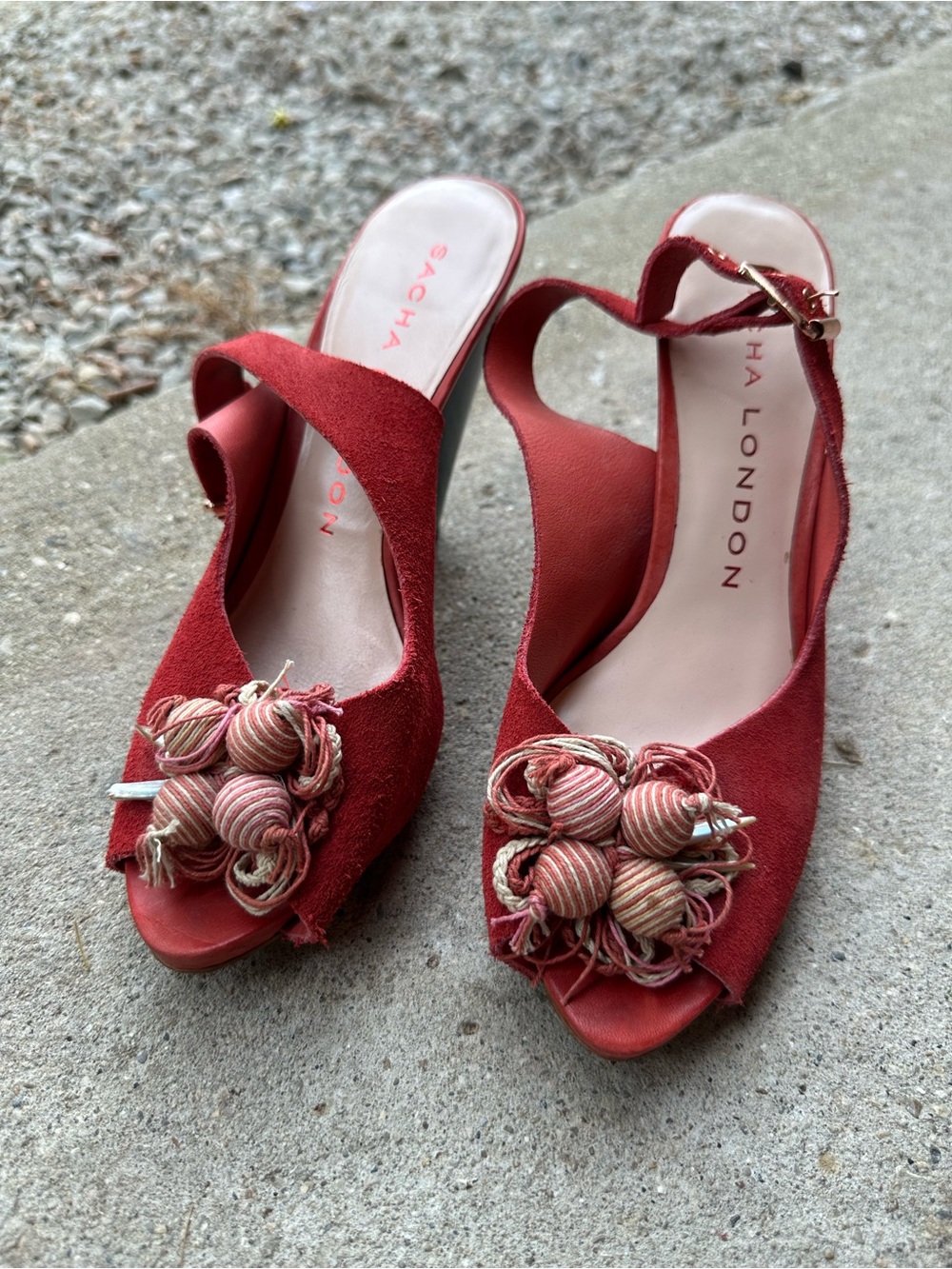 Sacha London Red Suede Peep-Toe Slingback Heels with Pom Embellishments